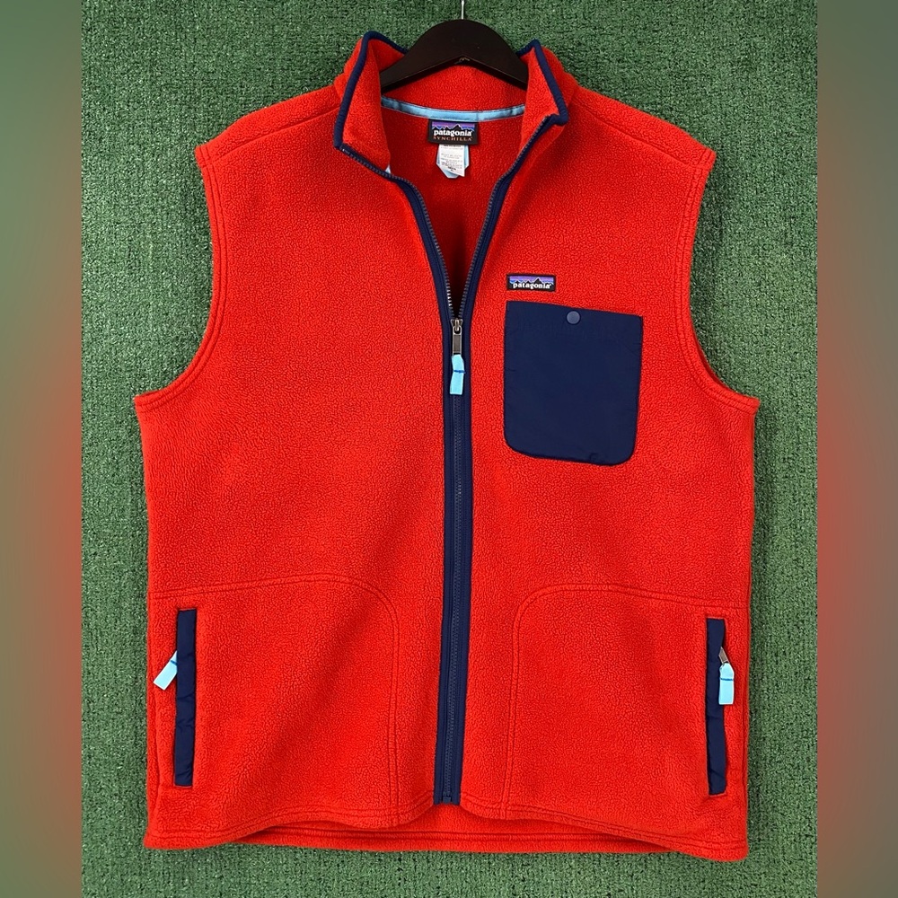 Patagonia Synchilla Karstens Burnt Red & Navy Fleece Vest Men’s Size XL